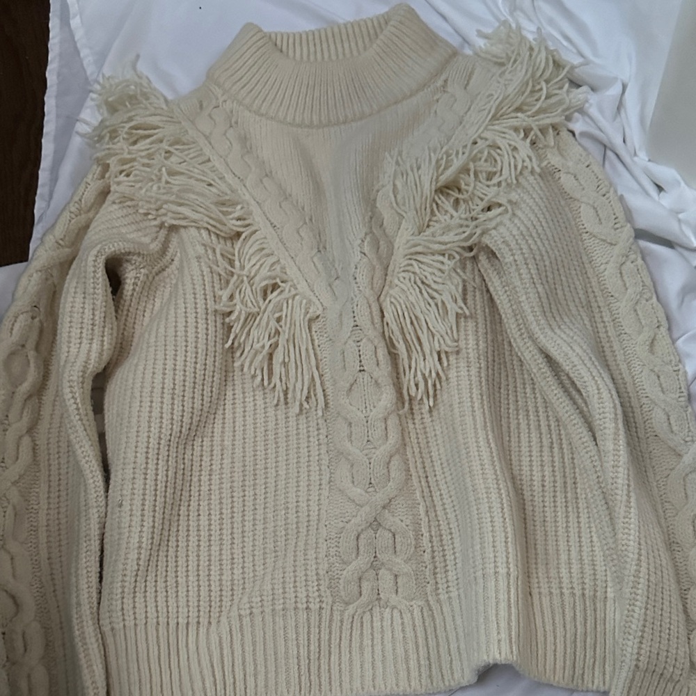 Tuckernuck Ivory Fringe Cable Knit Sweater